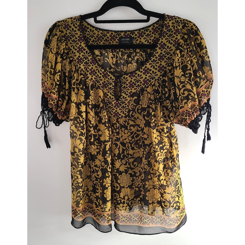 Nicole By Nicole Miller Boho Sheer Tassel Ruffle Tunic Size 12 Puff Sleeves